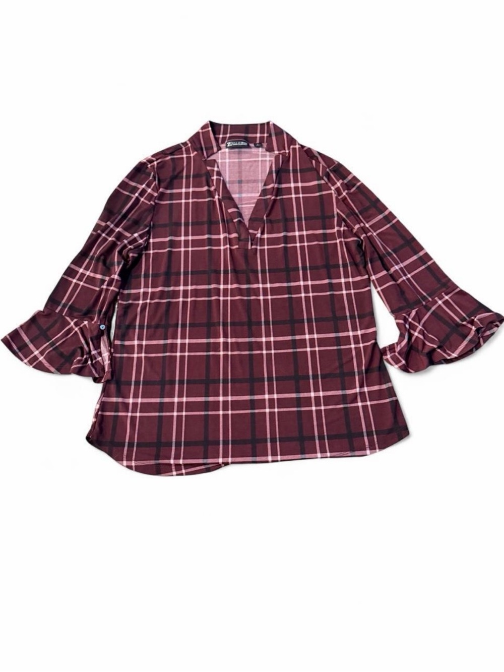 New York & Company Burgundy Plaid V-Neck Blouse